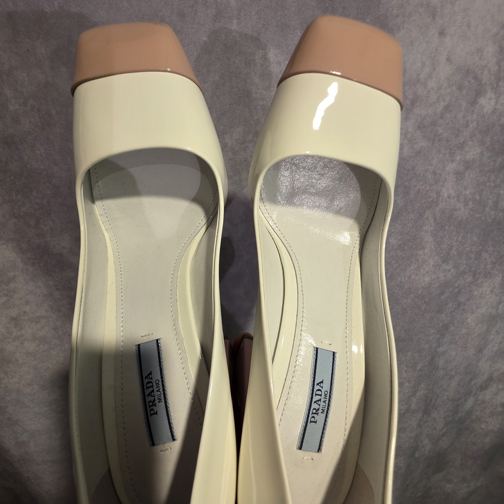 Prada Women's Cream and Blush Cap-Toe Patent Leather Flats - Picture 8 of 12